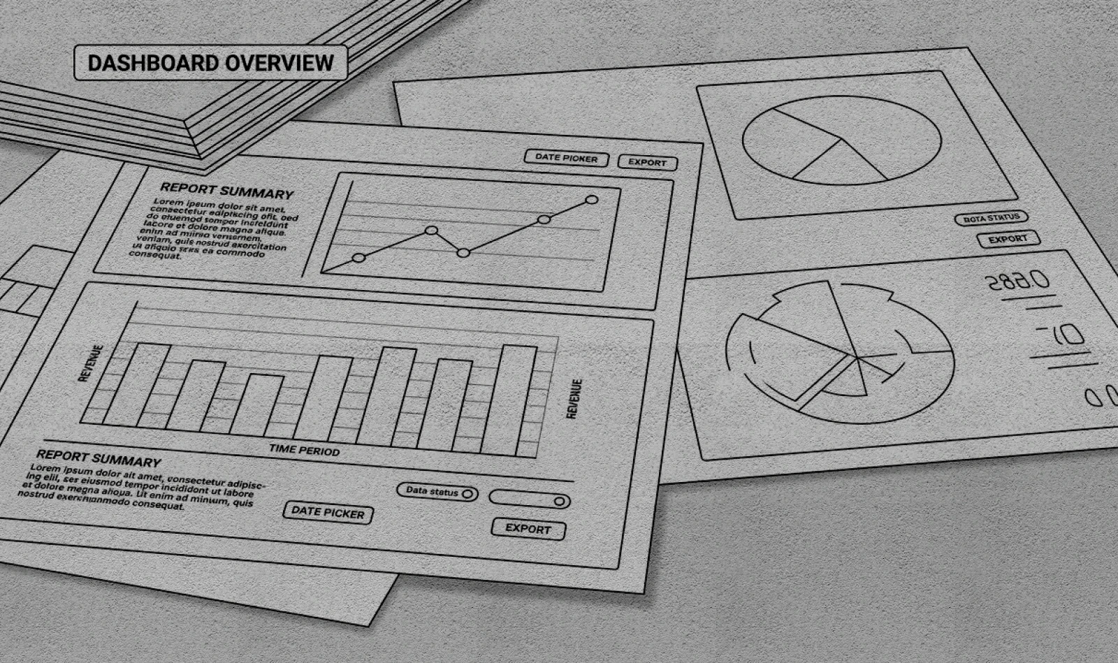 Hand-drawn dashboard wireframe sketches on textured gray paper — visualizing product analytics across industries.