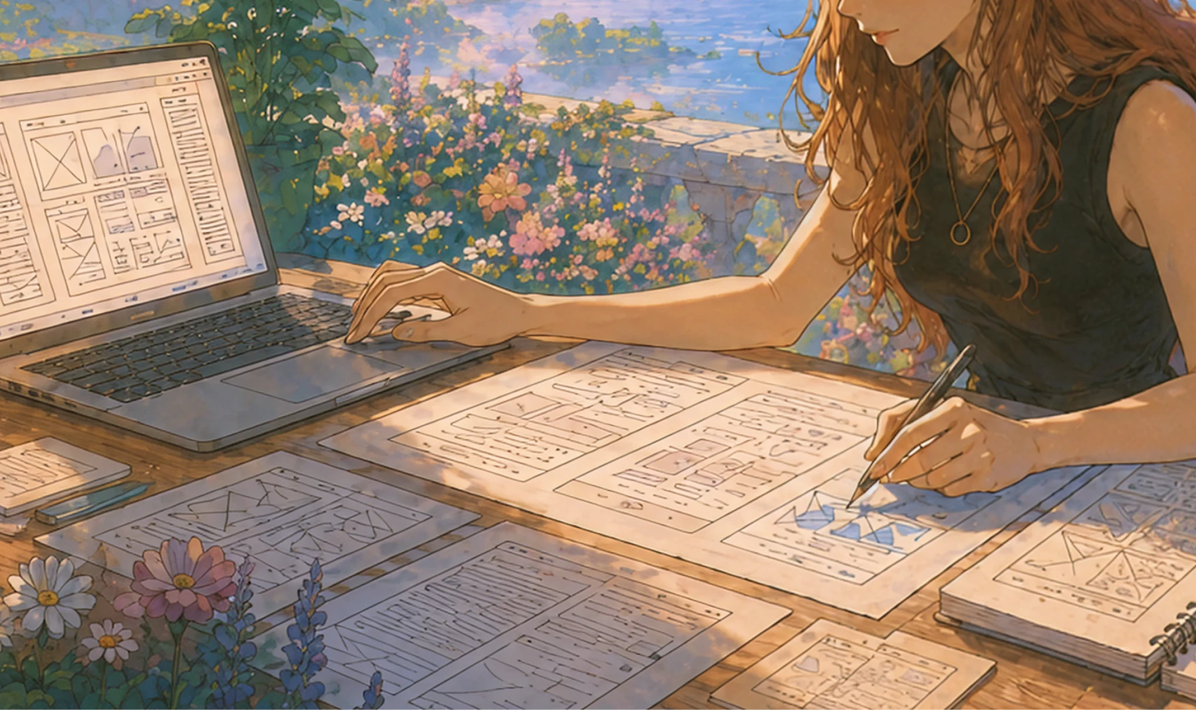 Watercolour illustration of a designer at a sunlit desk sketching wireframes beside a laptop, flowers and the sea behind.