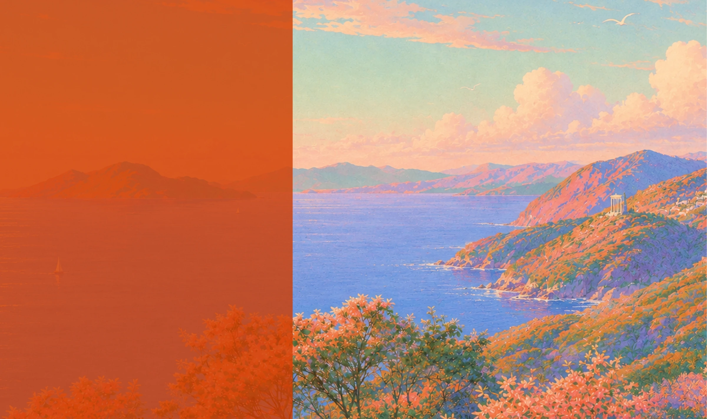 Pastel coastal painting — sea, cliffs, mountains and blossoming trees under a soft sky.