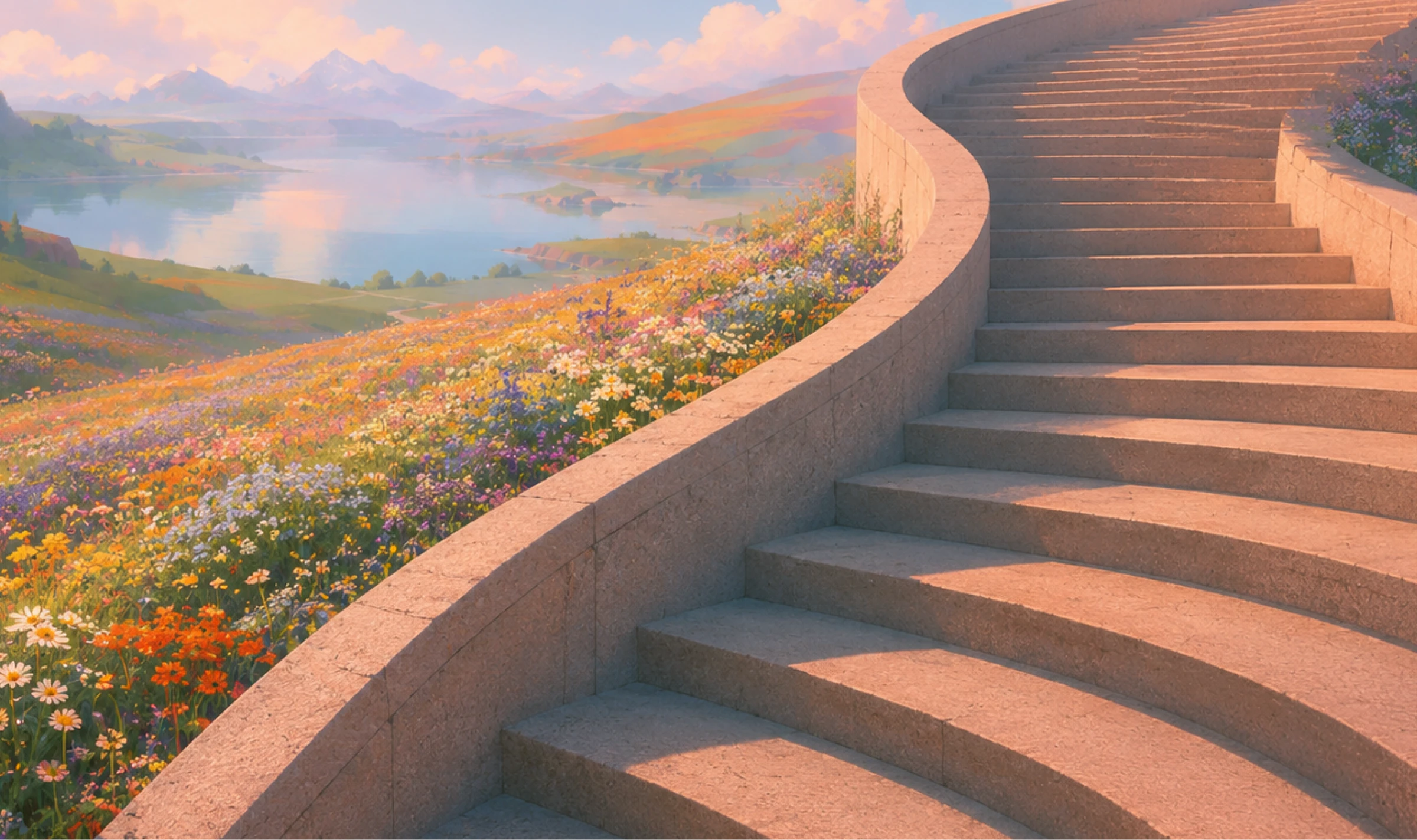 Pastel painting of a curved stone staircase rising above a wildflower meadow, lake and mountains.