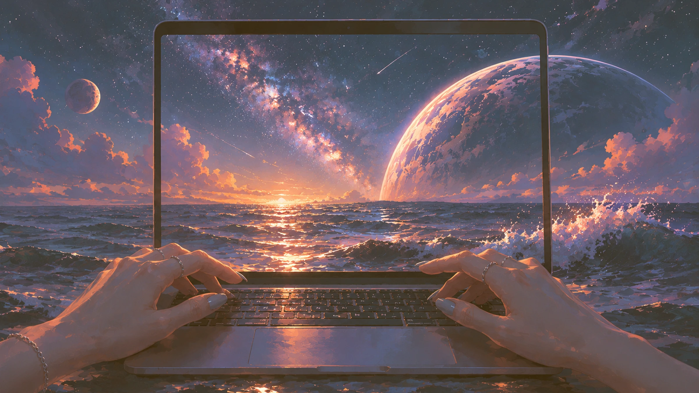 Hands typing on a laptop framing a pastel sunset over the ocean with a giant planet and starry sky — remote collaboration across distance.