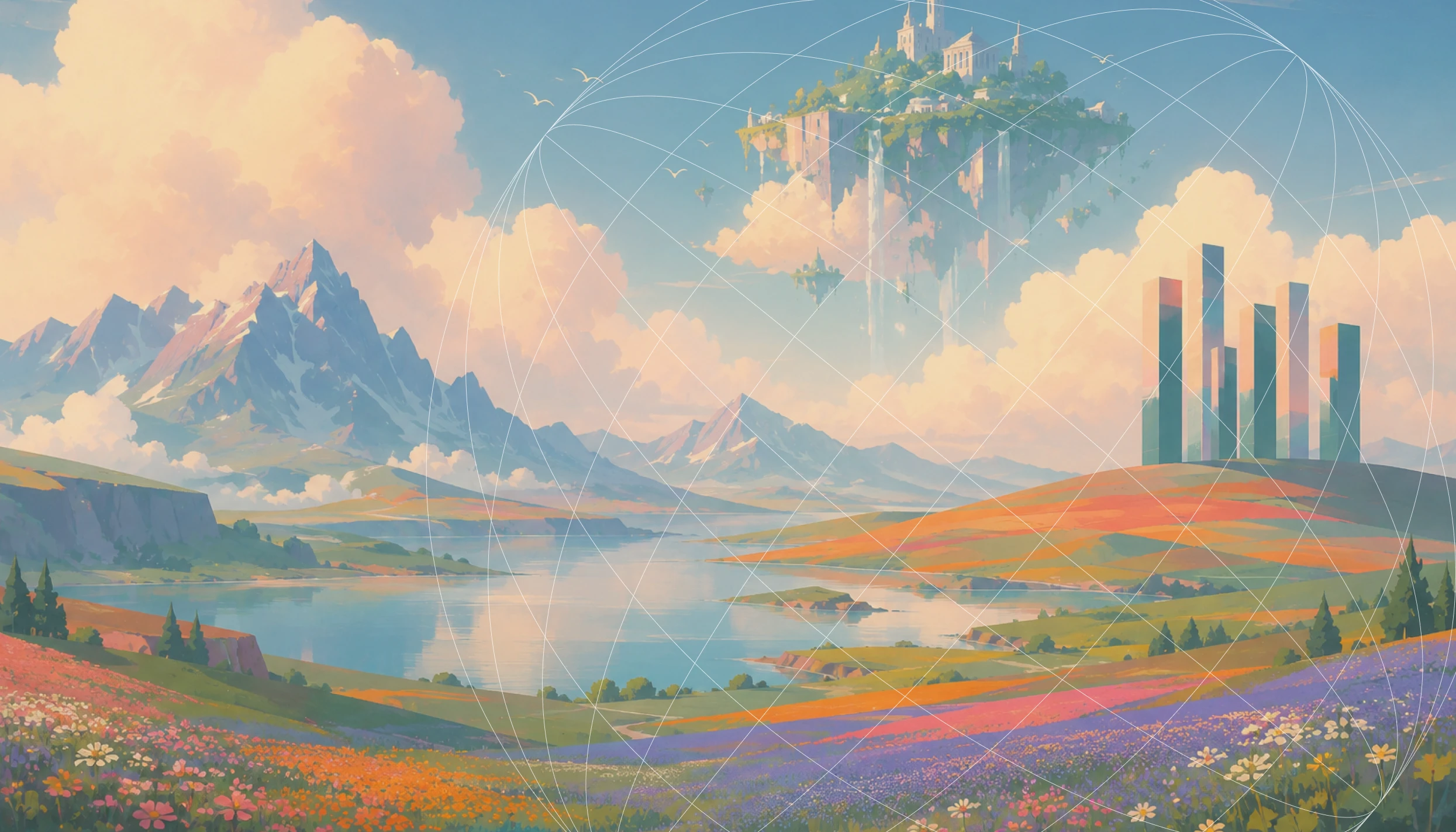 Pastel fantasy landscape — mountains, lake, flower fields, a floating castle and crystal towers with an overlay grid.
