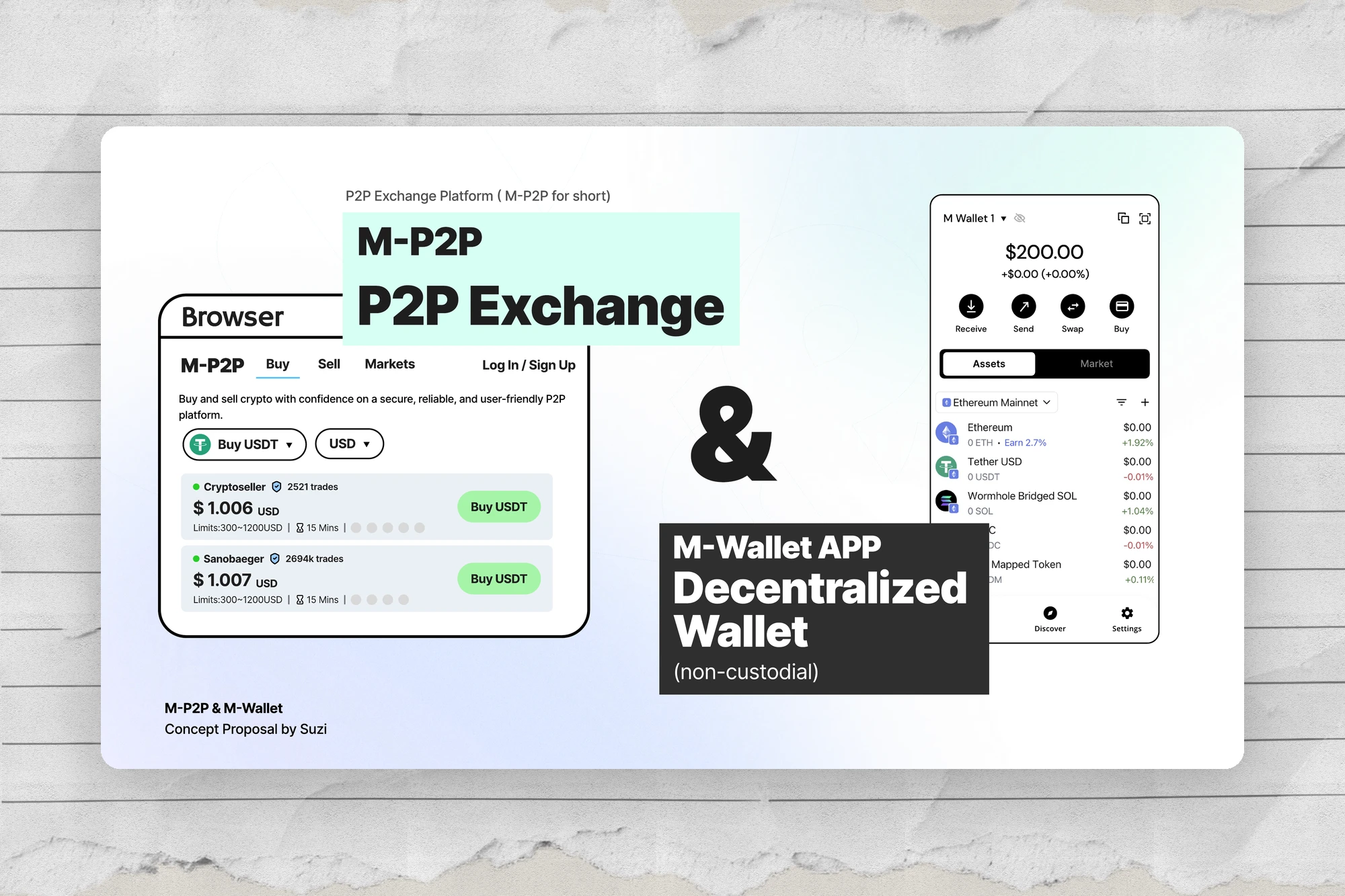 M-P2P & M-Wallet concept proposal — P2P exchange browser UI alongside a non-custodial decentralized wallet app.
