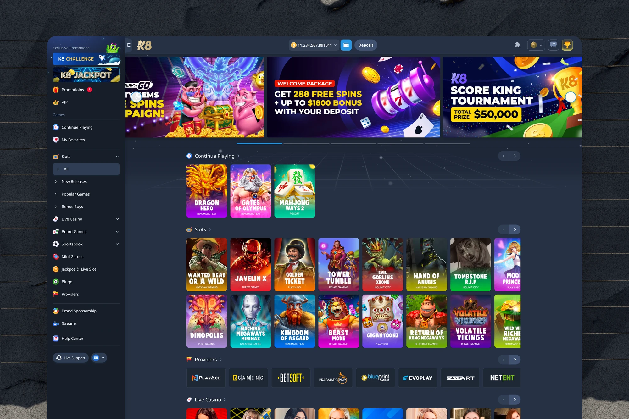 K8.io platform homepage — multi-module casino UI with promotions, Continue Playing, Slots, and provider grid.